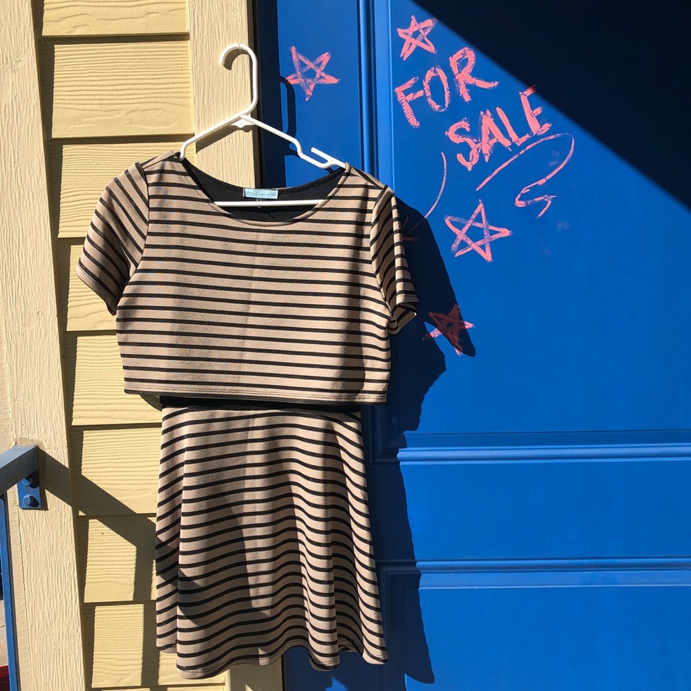 Horizontal striped beige and black crop mini dress